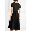 Sommer schwarz und weiß Polka Dot Chiffon V-Ausschnitt Kurzarm Midi Kleid Herstellung Großhandel Mode Frauen Bekleidung (TA0310D)